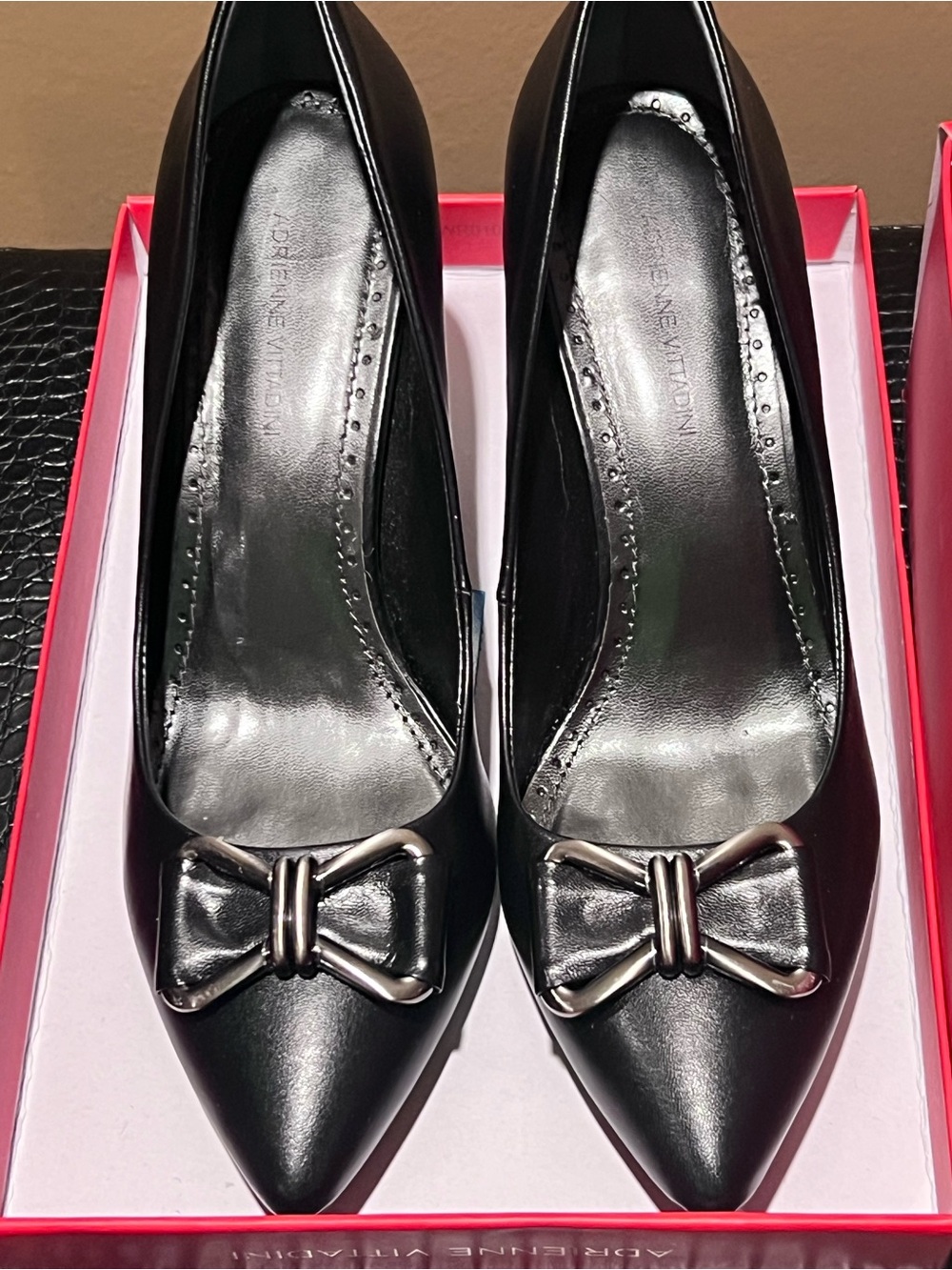 Adrienne Vittadini Black Pointed Toe Bow Pumps with Silver Accent